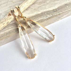Clear Glass Long droplet prong set stone Earrings